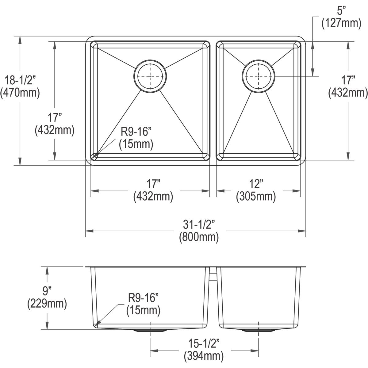Elkay Crosstown 18 Gauge Stainless Steel 31-1/2" x 18-1/2" x 9" 60/40 Double Bowl Undermount Sink Kit ECTRU32179RTC