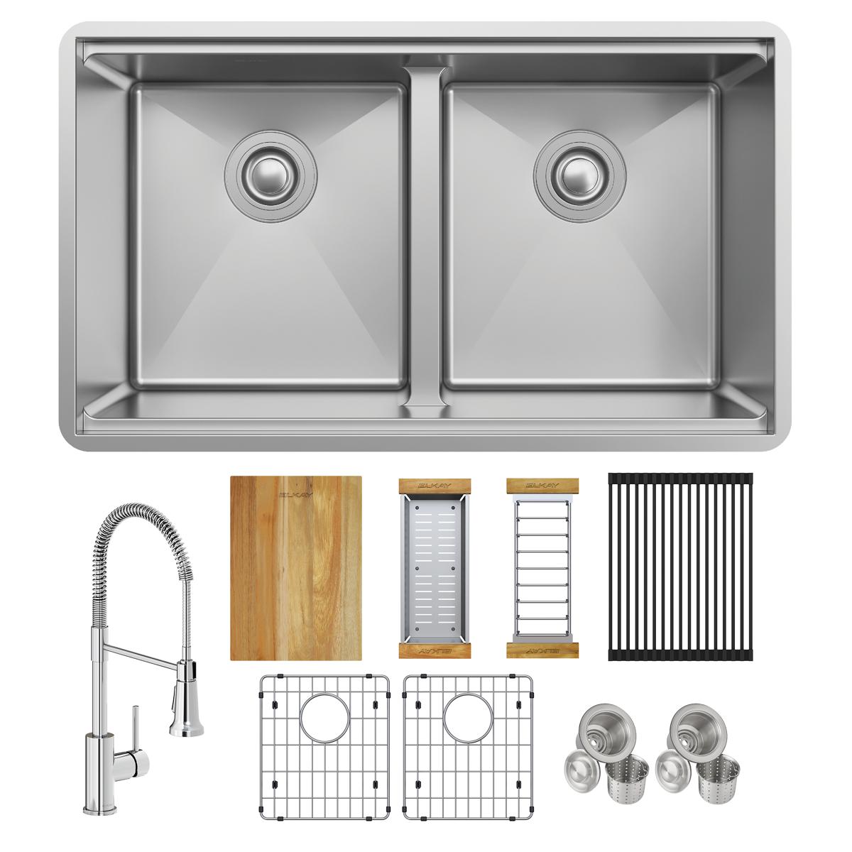 Elkay Crosstown 18 Gauge Workstation Stainless Steel 31-1/2" x 18-1/2" x 9" Equal Double Bowl Undermount Sink & Faucet Kit with Aqua Divide ECTRUA31169TFCW