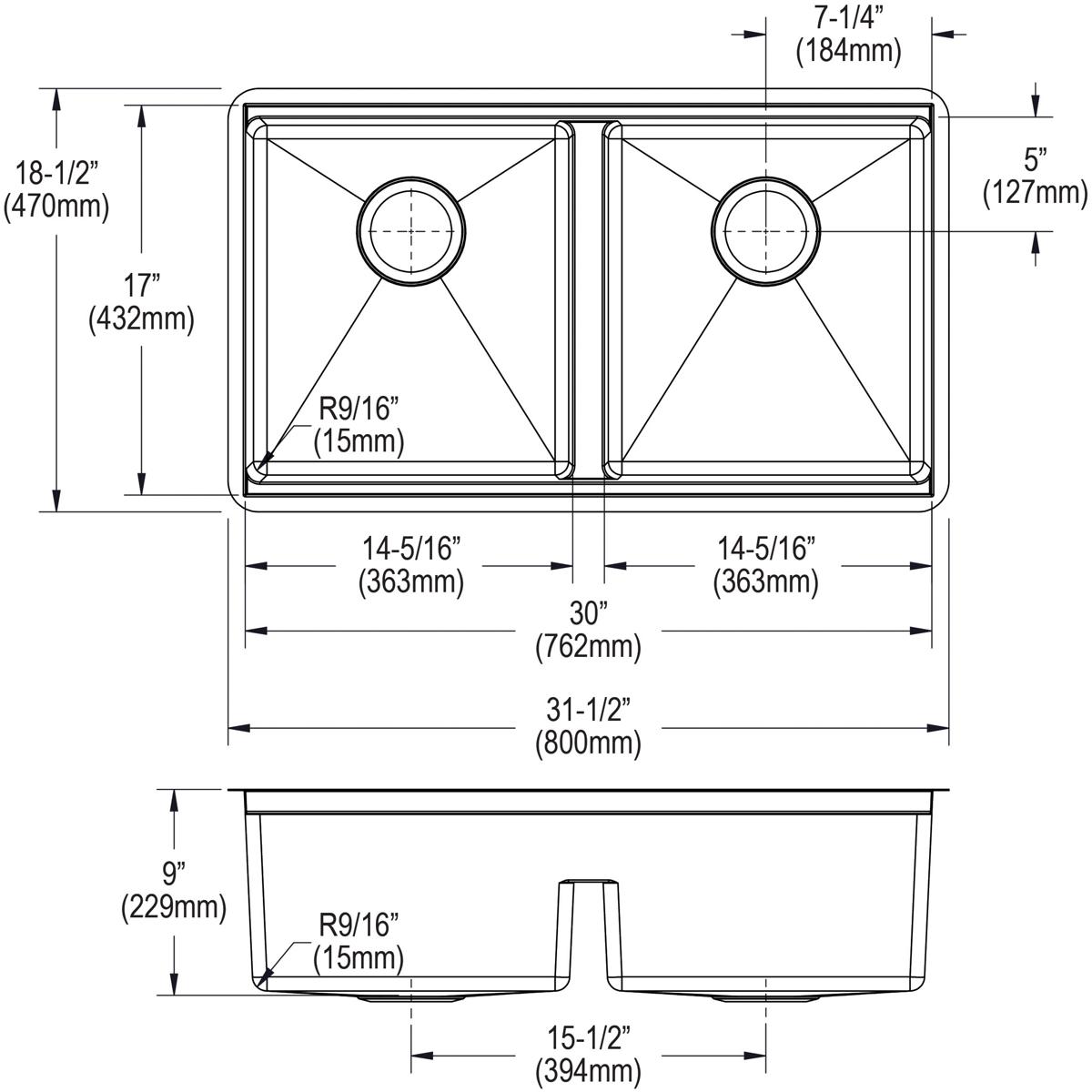 Elkay Crosstown 18 Gauge Workstation Stainless Steel 31-1/2" x 18-1/2" x 9" Equal Double Bowl Sink Kit with Aqua Divide ECTRUAQ31169TWC