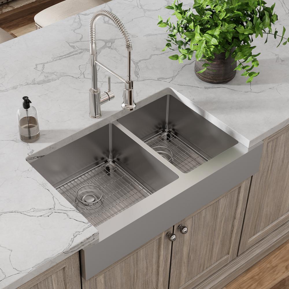 Elkay Crosstown 18 Gauge Stainless Steel 35-7/8" x 20-1/4" x 9", 60/40 Double Bowl Farmhouse Sink, Faucet, Bottom Grid & Drain Kit ECTRUF32179RFBC