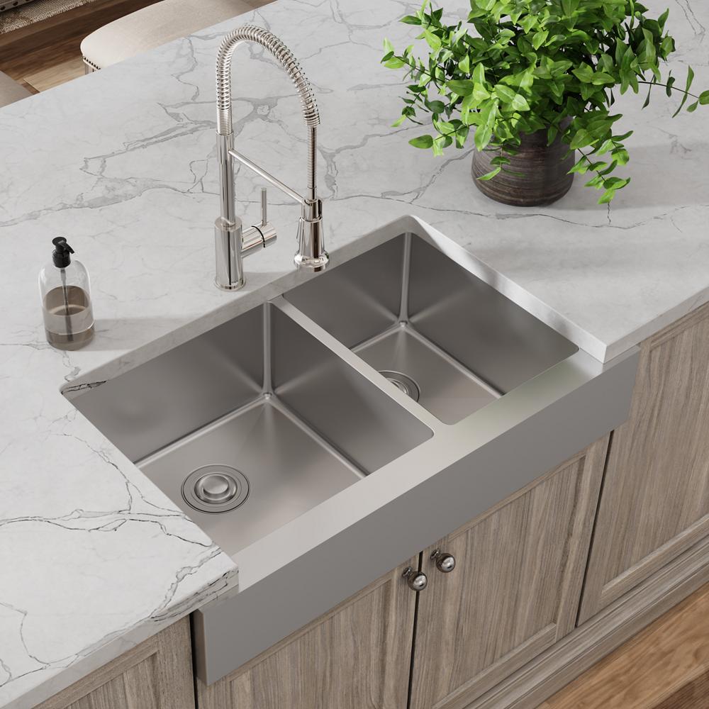 Elkay Crosstown 18 Gauge Stainless Steel 35-7/8" x 20-1/4" x 9" 60/40 Double Bowl Farmhouse Sink & Faucet Kit with Drain ECTRUF32179RFCC