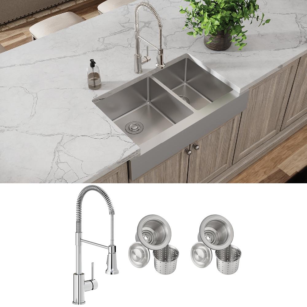 Elkay Crosstown 18 Gauge Stainless Steel 35-7/8" x 20-1/4" x 9" 60/40 Double Bowl Farmhouse Sink & Faucet Kit with Drain ECTRUF32179RFCC