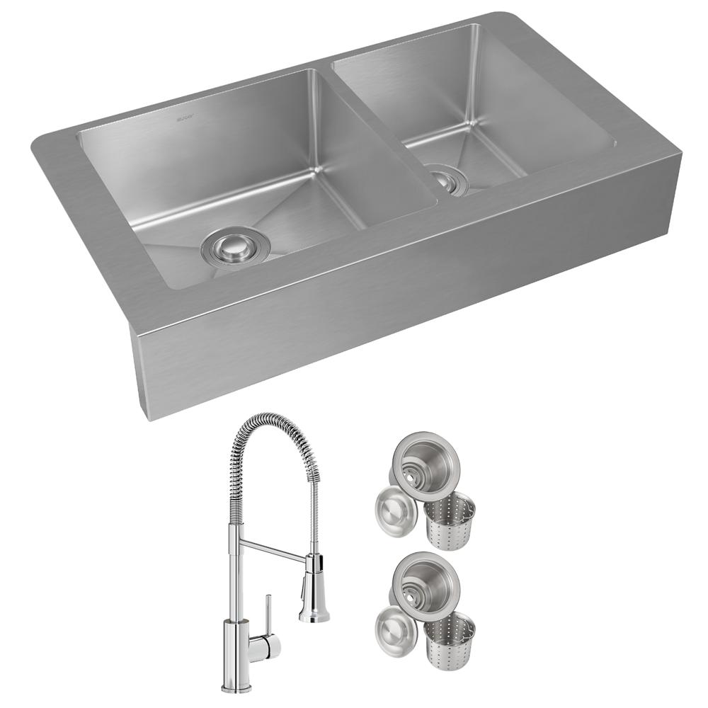 Elkay Crosstown 18 Gauge Stainless Steel 35-7/8" x 20-1/4" x 9" 60/40 Double Bowl Farmhouse Sink & Faucet Kit with Drain ECTRUF32179RFCC
