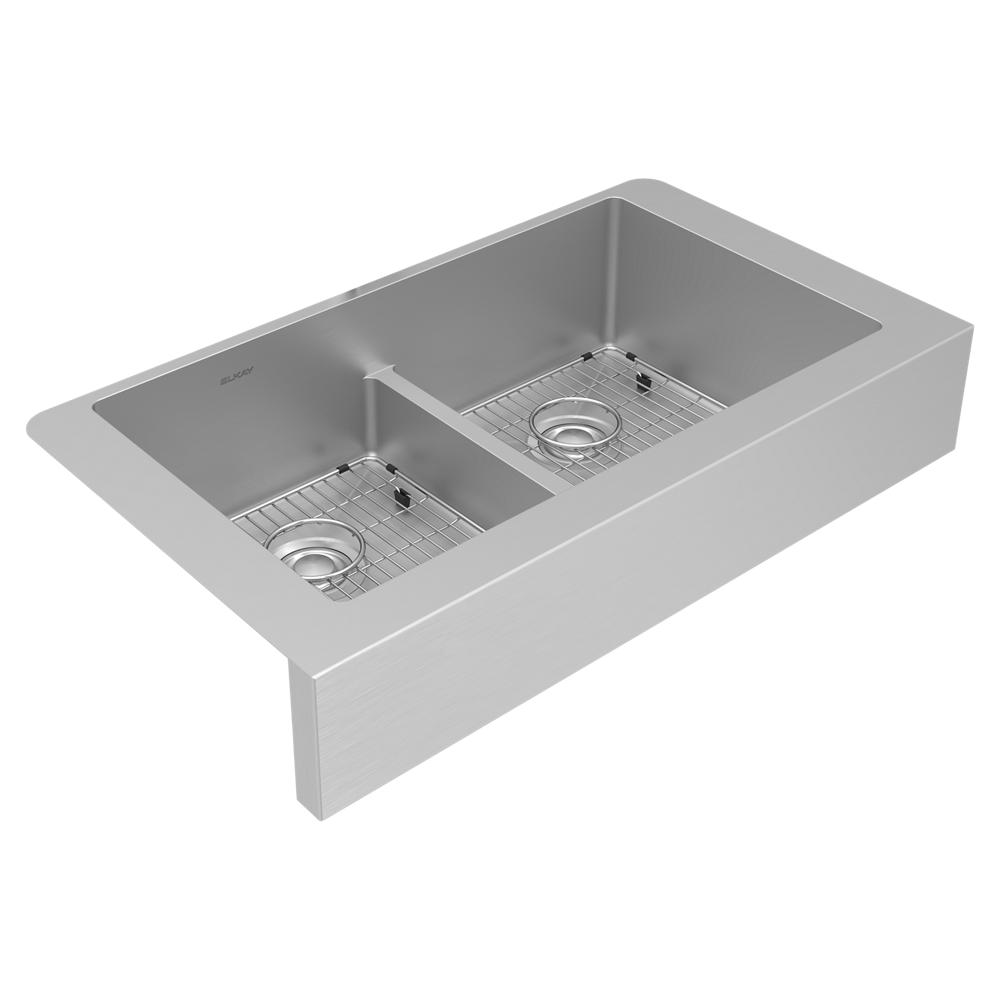 Elkay Crosstown 18 Gauge Stainless Steel 35-7/8" x 20-1/4" x 9" Equal Double Bowl Farmhouse Sink Kit with Aqua Divide ECTRUFA32179C