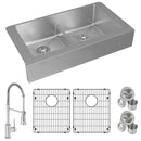 Elkay Crosstown 18 Gauge Stainless Steel 35-7/8" x 20-1/4" x 9" Equal Double Bowl Farmhouse Sink & Faucet Kit with Aqua Divide & Bottom Grid & Drain ECTRUFA32179FBC