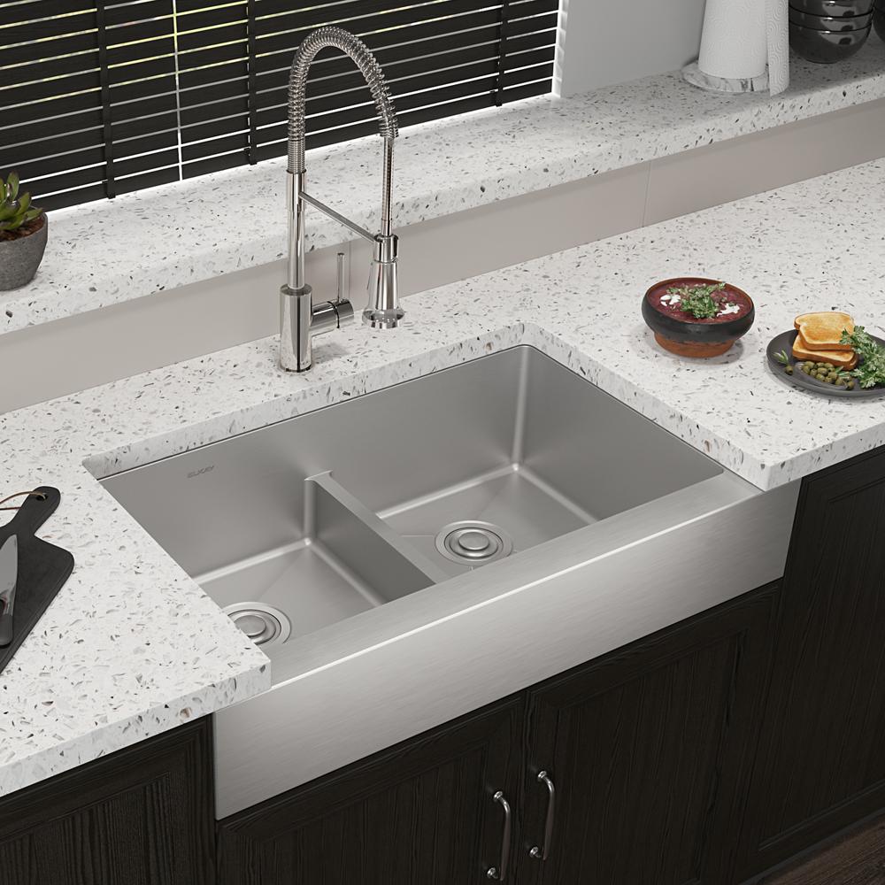 Elkay Crosstown 18 Gauge Stainless Steel 35-7/8" x 20-1/4" x 9" Eql Dbl Bwl Farmhouse Sink & Faucet Kit w/Aqua Divide & Drain ECTRUFA32179FCC