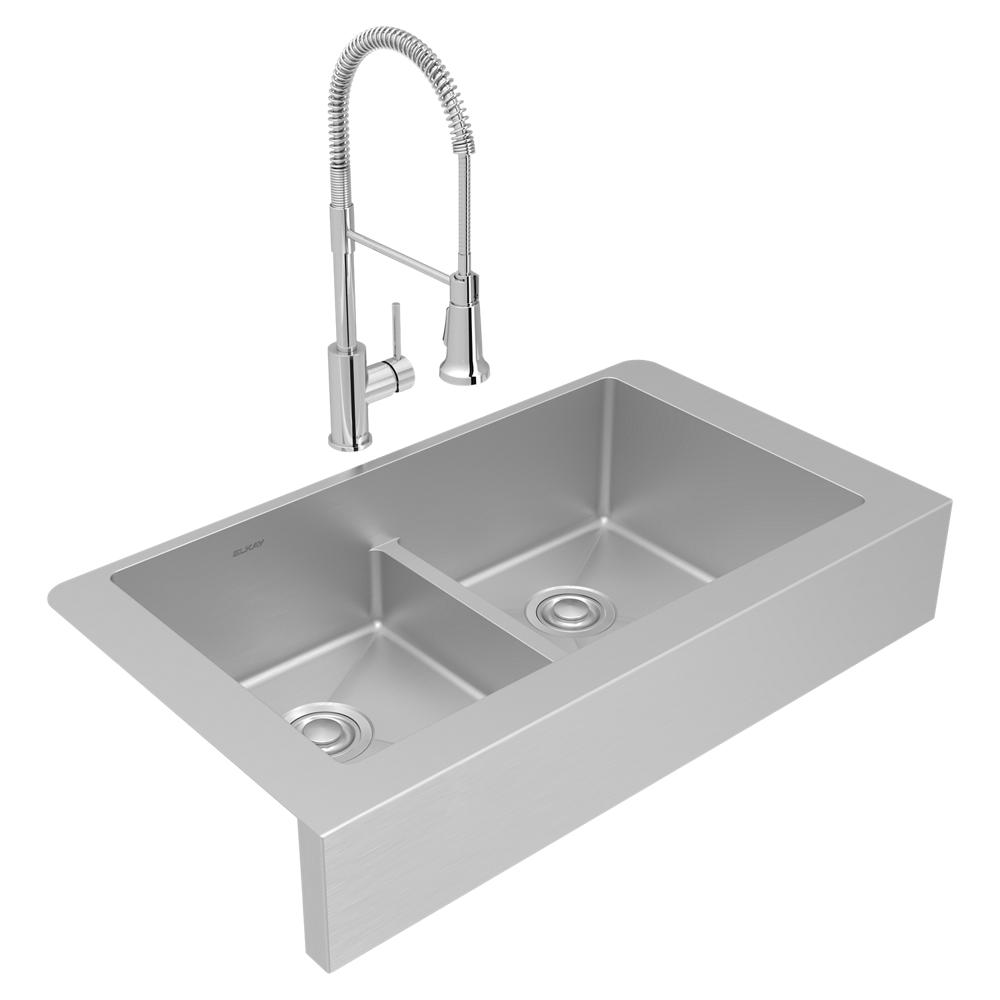 Elkay Crosstown 18 Gauge Stainless Steel 35-7/8" x 20-1/4" x 9" Eql Dbl Bwl Farmhouse Sink & Faucet Kit w/Aqua Divide & Drain ECTRUFA32179FCC