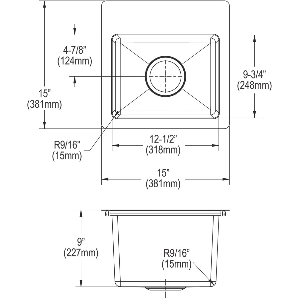 Elkay Crosstown 18 Gauge Stainless Steel 15" x 15" x 9" 3-Hole Single Bowl Dual Mount Bar Sink Kit ECTSR15159TBG3