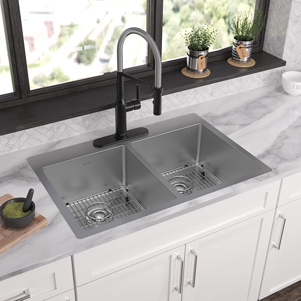 Elkay Crosstown 18 Gauge Stainless Steel 33" x 22" x 9" 3-Hole Equal Double Bowl Dual Mount Sink Kit ECTSR33229TBG3