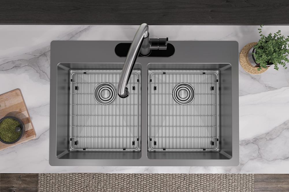 Elkay Crosstown 18 Gauge Stainless Steel 33" x 22" x 9" 3-Hole Equal Double Bowl Dual Mount Sink Kit ECTSR33229TBG3