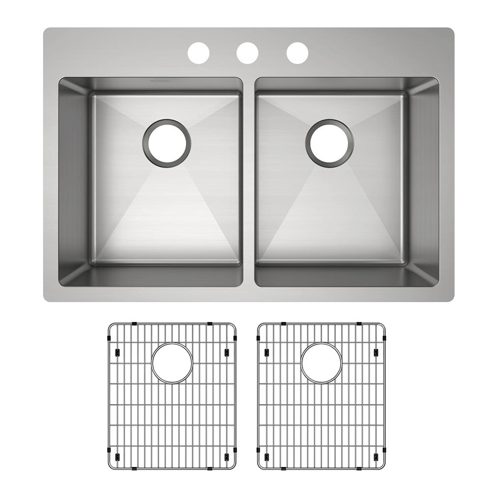 Elkay Crosstown 18 Gauge Stainless Steel 33" x 22" x 9" 3-Hole Equal Double Bowl Dual Mount Sink Kit ECTSR33229TBG3