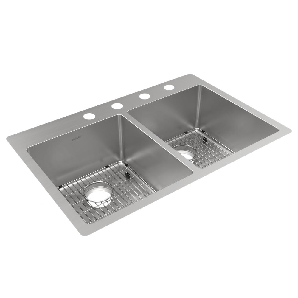 Elkay Crosstown 18 Gauge Stainless Steel 33" x 22" x 9" 4-Hole Equal Double Bowl Dual Mount Sink Kit ECTSR33229TBG4