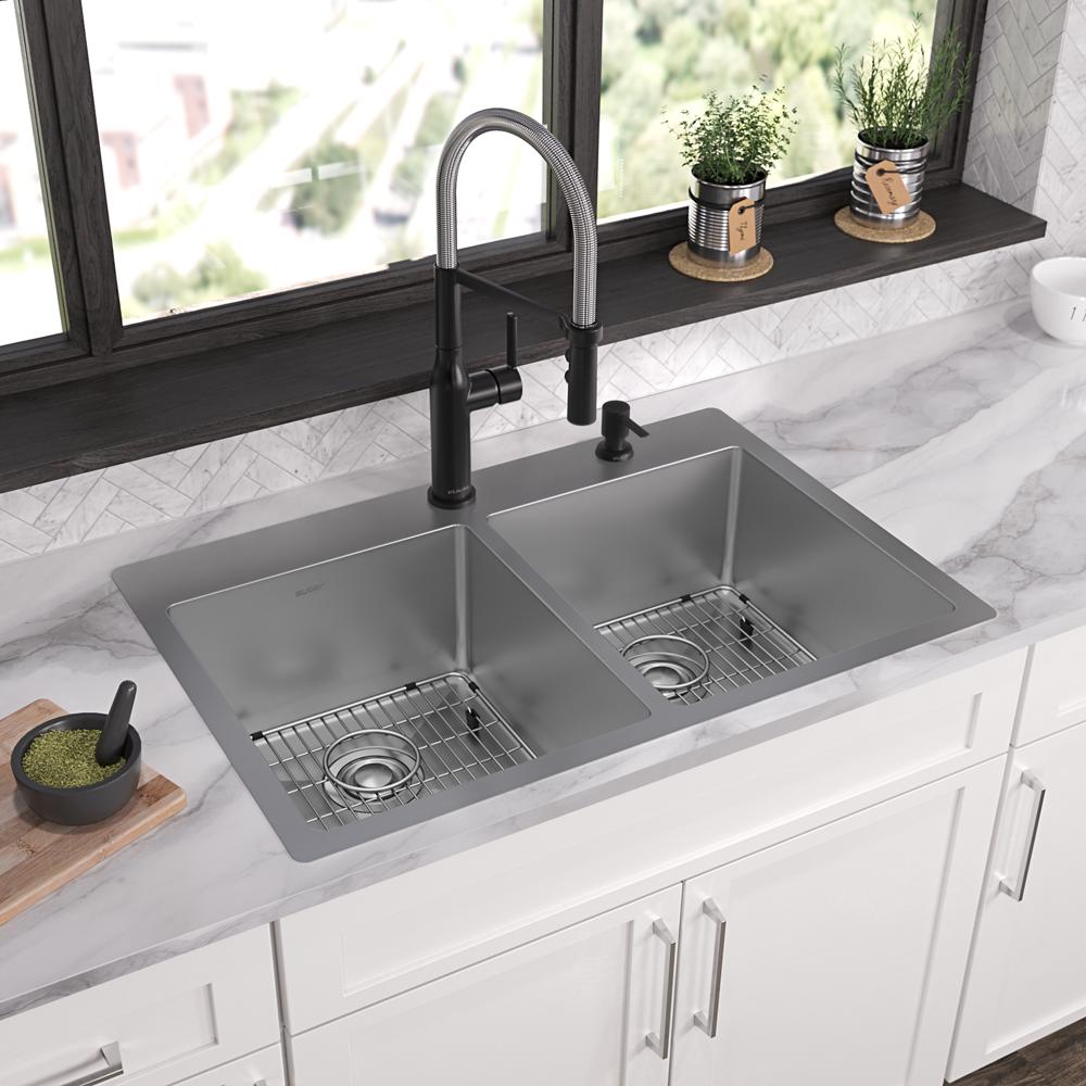 Elkay Crosstown 18 Gauge Stainless Steel 33" x 22" x 9" FR2-Hole Equal Double Bowl Dual Mount Sink Kit ECTSR33229TBGFR2