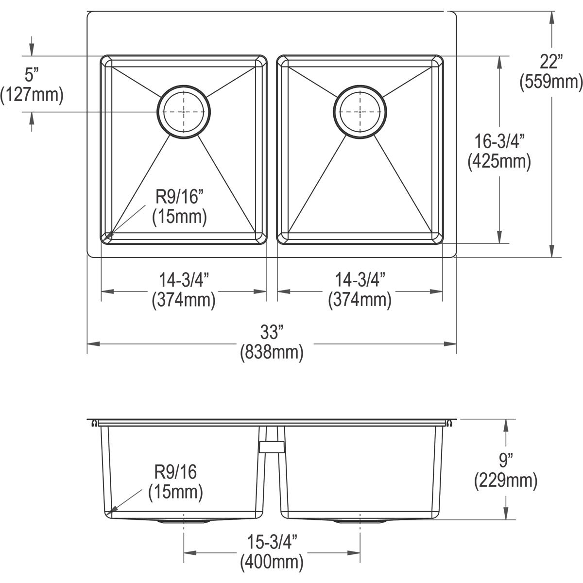 Elkay Crosstown 18 Gauge Stainless Steel 33" x 22" x 9" 1-Hole Equal Double Bowl Dual Mount Sink Kit ECTSR33229TBG1