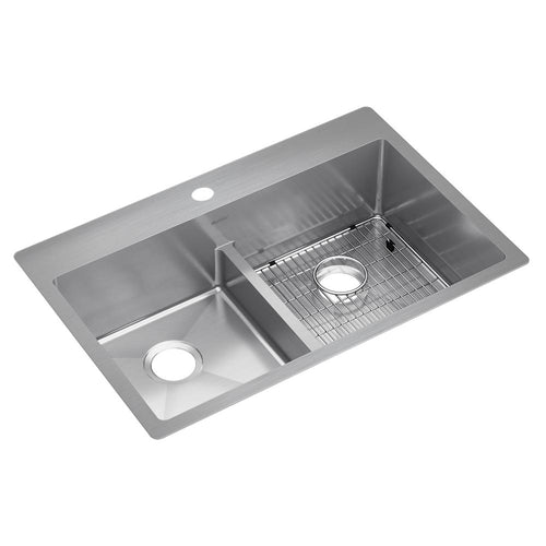 Elkay Crosstown 18 Gauge Stainless Steel 33" x 22" x 9" 1-Hole Equal Double Bowl Dual Mount Sink Kit with Aqua Divide ECTSRA33229TBG1