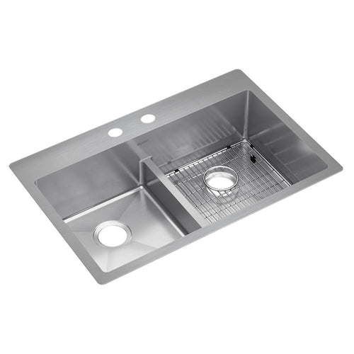 Elkay Crosstown 18 Gauge Stainless Steel 33" x 22" x 9" 2-Hole Equal Double Bowl Dual Mount Sink Kit with Aqua Divide ECTSRA33229TBG2