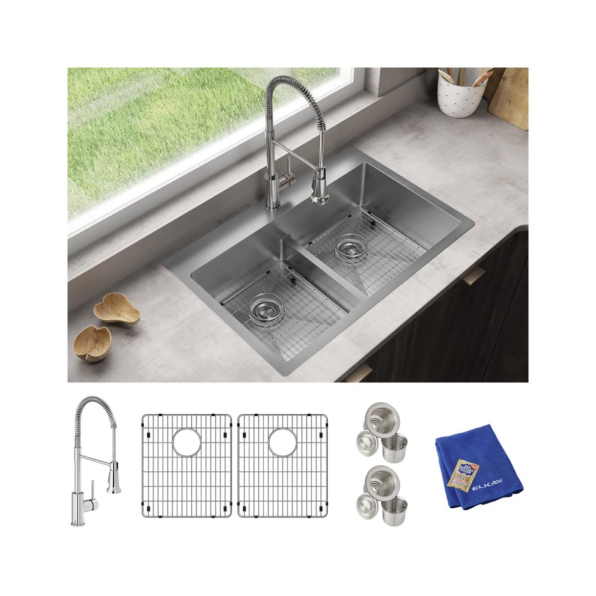 Elkay Crosstown 18 Gauge Stainless Steel 33" x 22" x 9" 1-Hole Equal Double Bowl Dual Mount Sink Kit with Aqua Divide and Faucet ECTSRA33229TFC