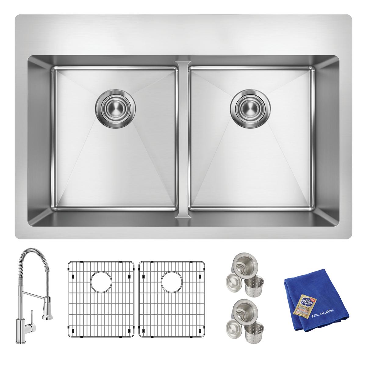 Elkay Crosstown 18 Gauge Stainless Steel 33" x 22" x 9" 1-Hole Equal Double Bowl Dual Mount Sink Kit with Aqua Divide and Faucet ECTSRA33229TFC