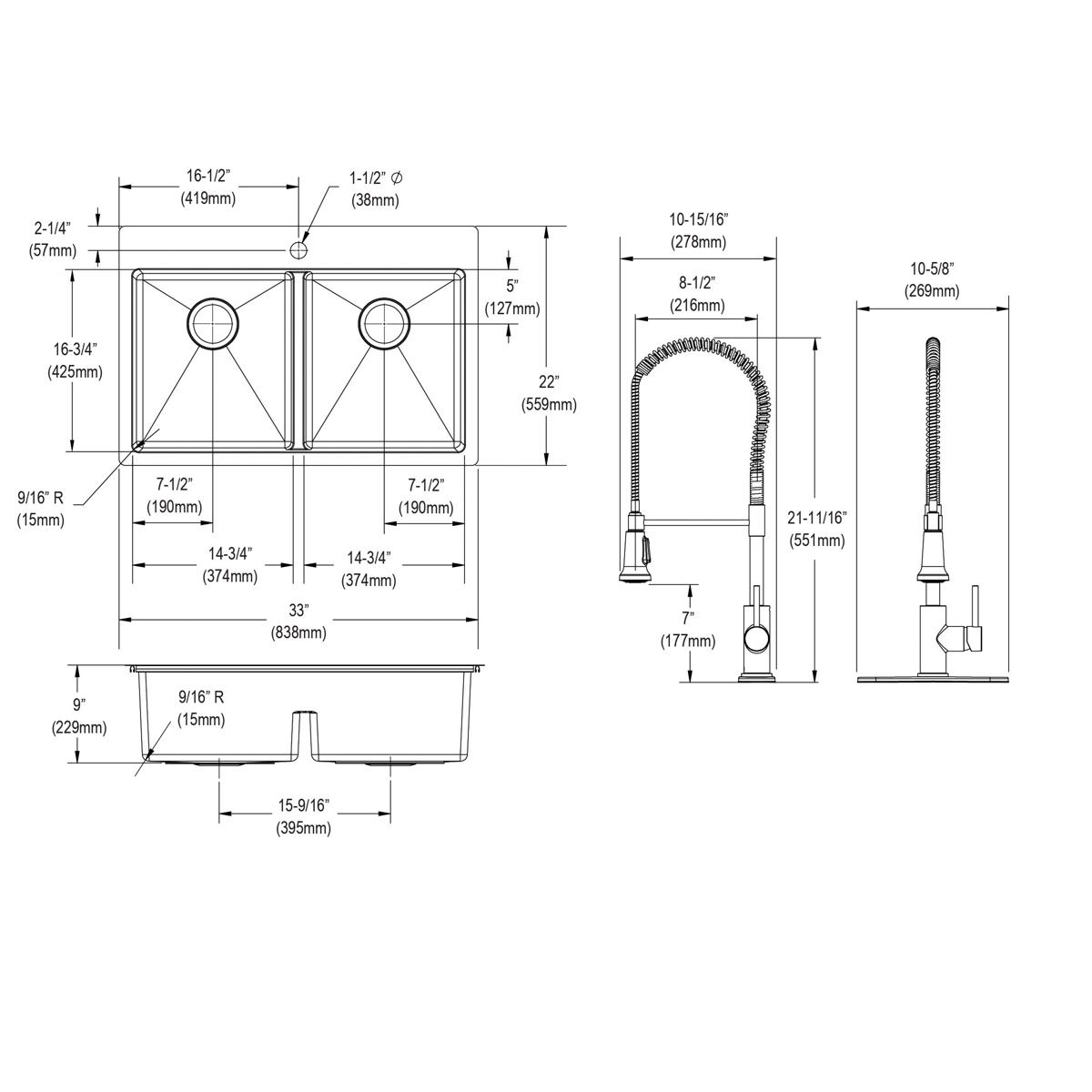 Elkay Crosstown 18 Gauge Stainless Steel 33" x 22" x 9" 1-Hole Equal Double Bowl Dual Mount Sink Kit with Aqua Divide and Faucet ECTSRA33229TFC