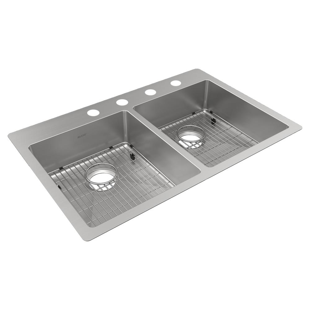 Elkay Crosstown 18 Gauge Stainless Steel 33" x 22" x 6" 4-Hole Equal Double Bowl Dual Mount ADA Sink Kit ECTSRAD33226TBG4