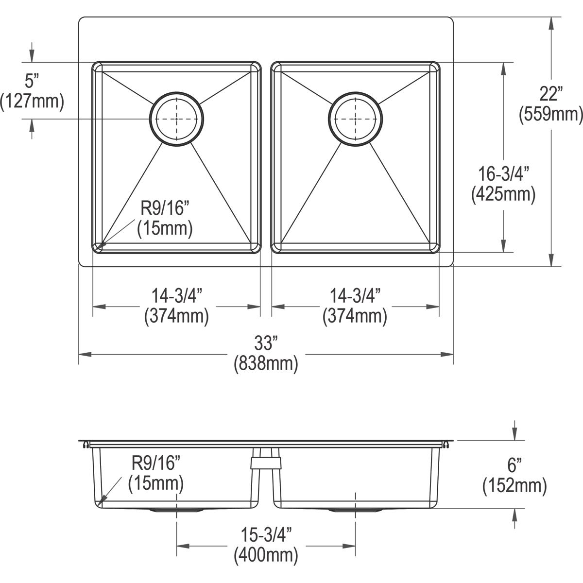 Elkay Crosstown 18 Gauge Stainless Steel 33" x 22" x 6" 1-Hole Equal Double Bowl Dual Mount ADA Sink Kit ECTSRAD33226TBG1