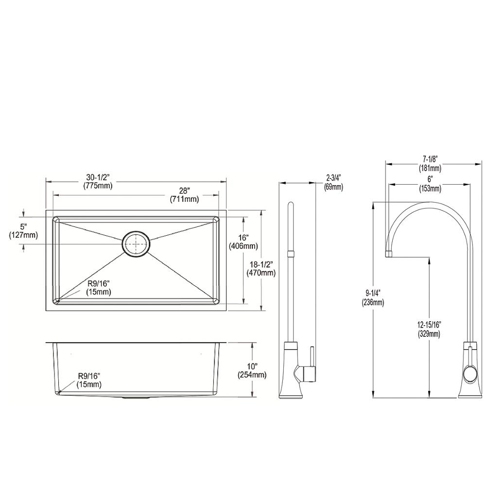 Elkay Crosstown 16 Gauge Stainless Steel 30-1/2" x 18-1/2" x 10" Single Bowl Undermount Sink Kit with Filtered Beverage Faucet EFRU281610TFG