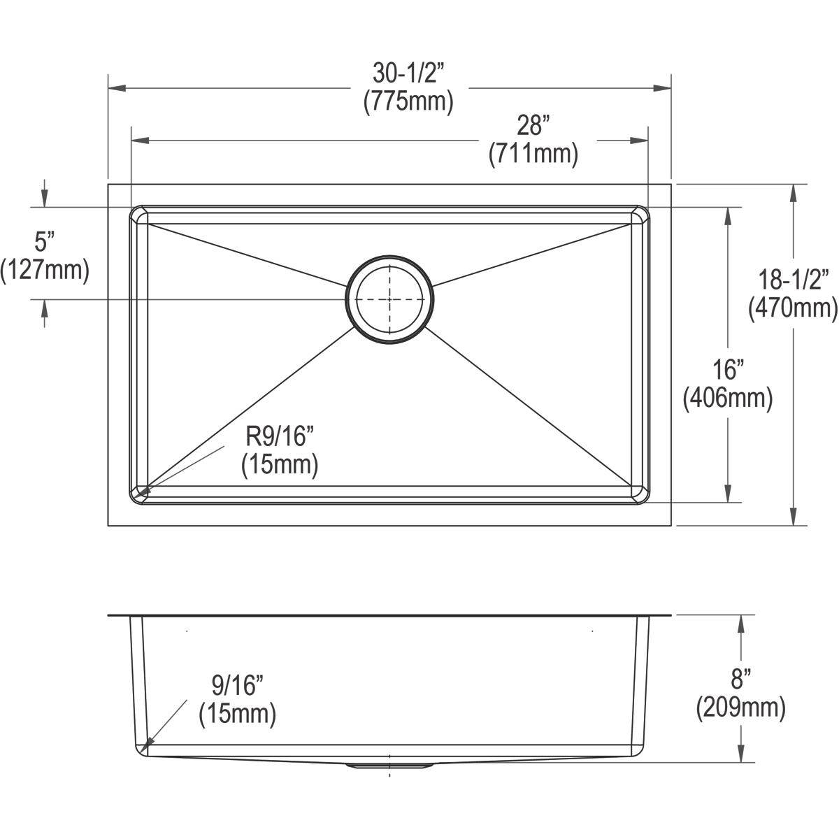 Elkay Crosstown 16 Gauge Stainless Steel 30-1/2" x 18-1/2" x 8" Single Bowl Undermount Sink Kit EFRU2816TC