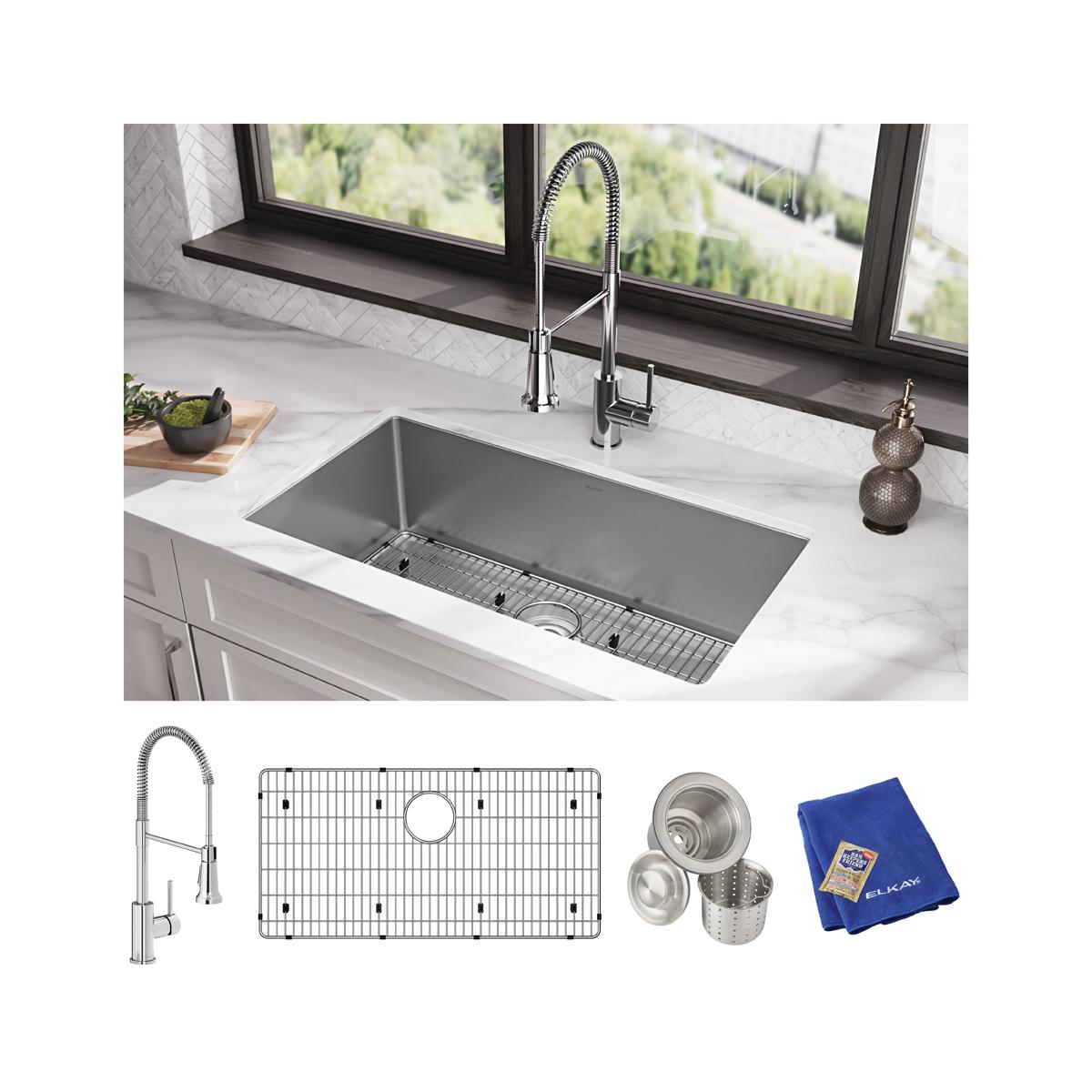 Elkay Crosstown 16 Gauge Stainless Steel 32-1/2" x 18" x 10" Single Bowl Undermount Sink Kit with Faucet EFRU311610TFC