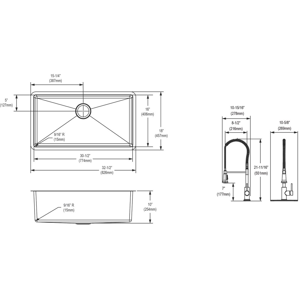 Elkay Crosstown 16 Gauge Stainless Steel 32-1/2" x 18" x 10" Single Bowl Undermount Sink Kit with Faucet EFRU311610TFC