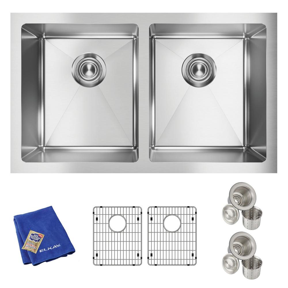 Elkay Crosstown 16 Gauge Stainless Steel 30-3/4" x 18-1/2" x 10" Equal Double Bowl Undermount Sink Kit EFRU311810TC