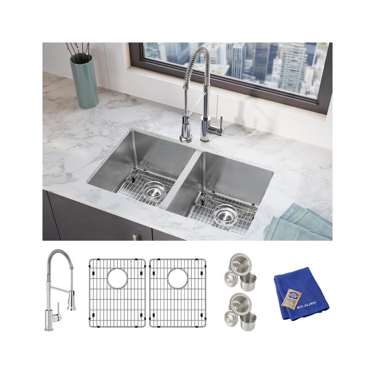Elkay Crosstown 16 Gauge Stainless Steel 30-3/4" x 18-1/2" x 10" Equal Double Bowl Undermount Sink Kit with Faucet EFRU311810TFC