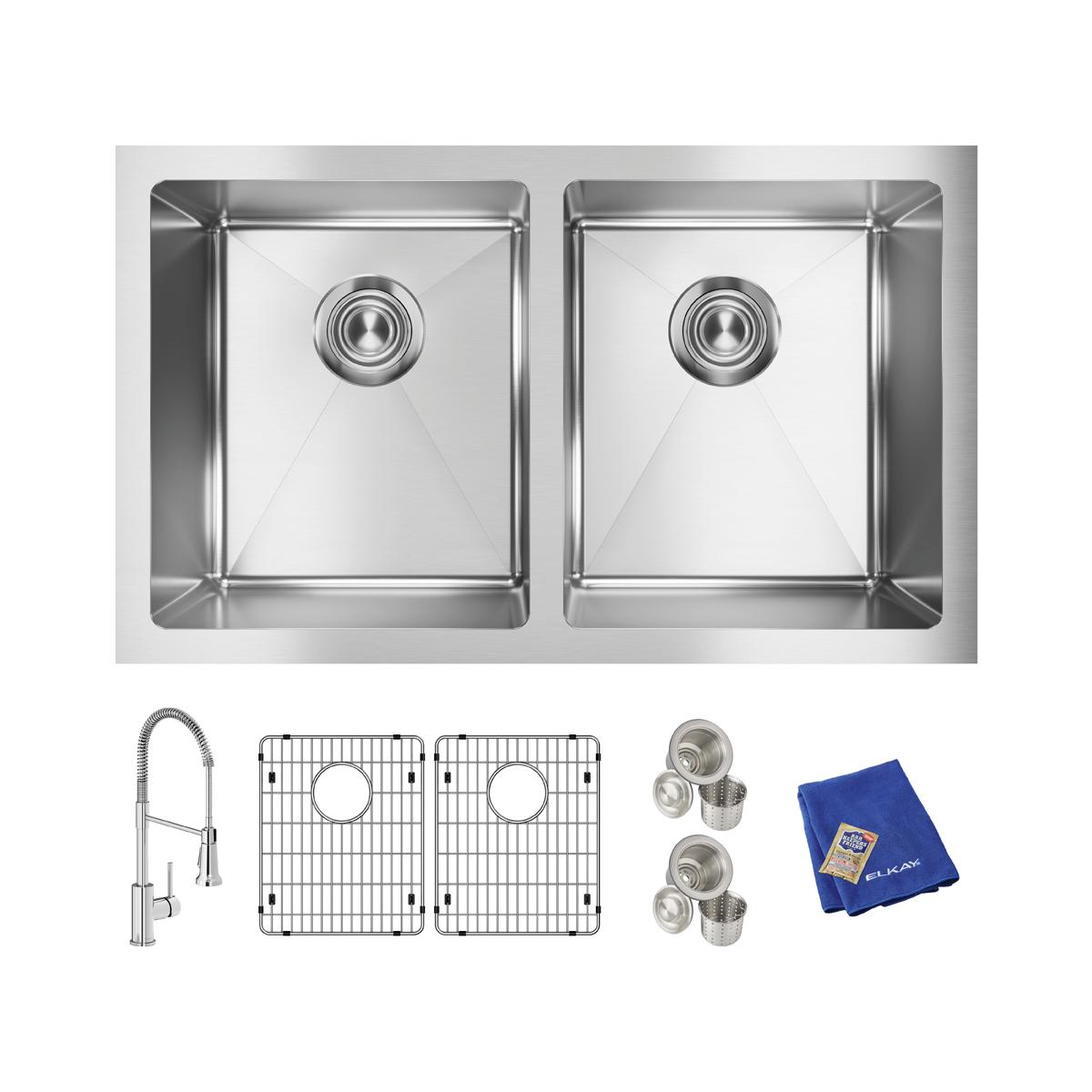Elkay Crosstown 16 Gauge Stainless Steel 30-3/4" x 18-1/2" x 10" Equal Double Bowl Undermount Sink Kit with Faucet EFRU311810TFC