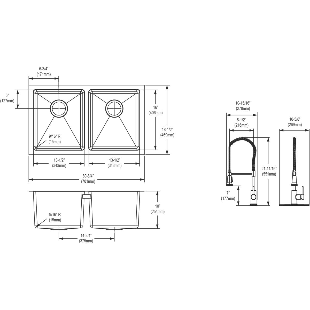 Elkay Crosstown 16 Gauge Stainless Steel 30-3/4" x 18-1/2" x 10" Equal Double Bowl Undermount Sink Kit with Faucet EFRU311810TFC