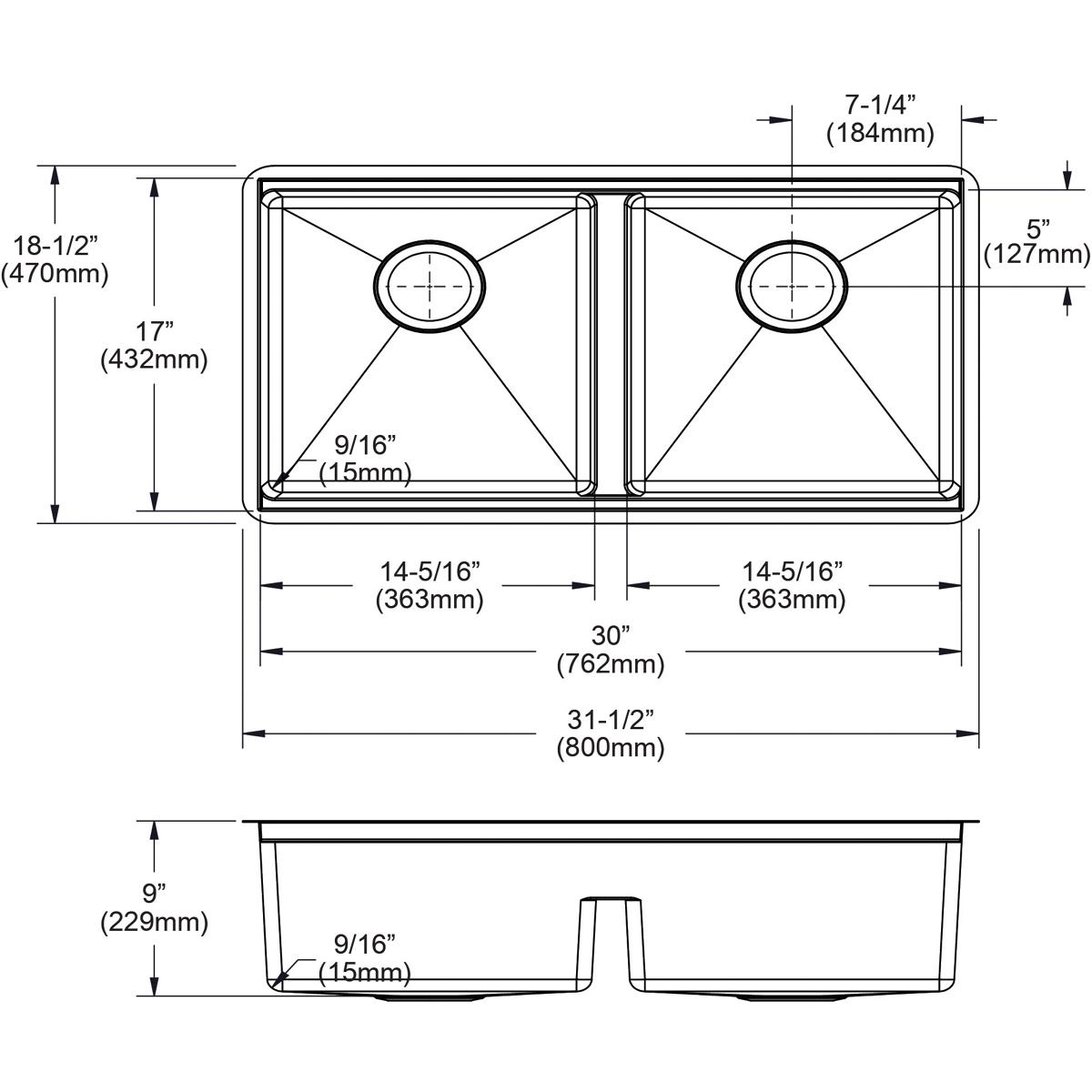 Elkay Crosstown 16 Gauge Workstation Stainless Steel 31-1/2" x 18-1/2" x 9" Equal Double Bowl Sink Kit with Aqua Divide EFRUAQ31169TWC