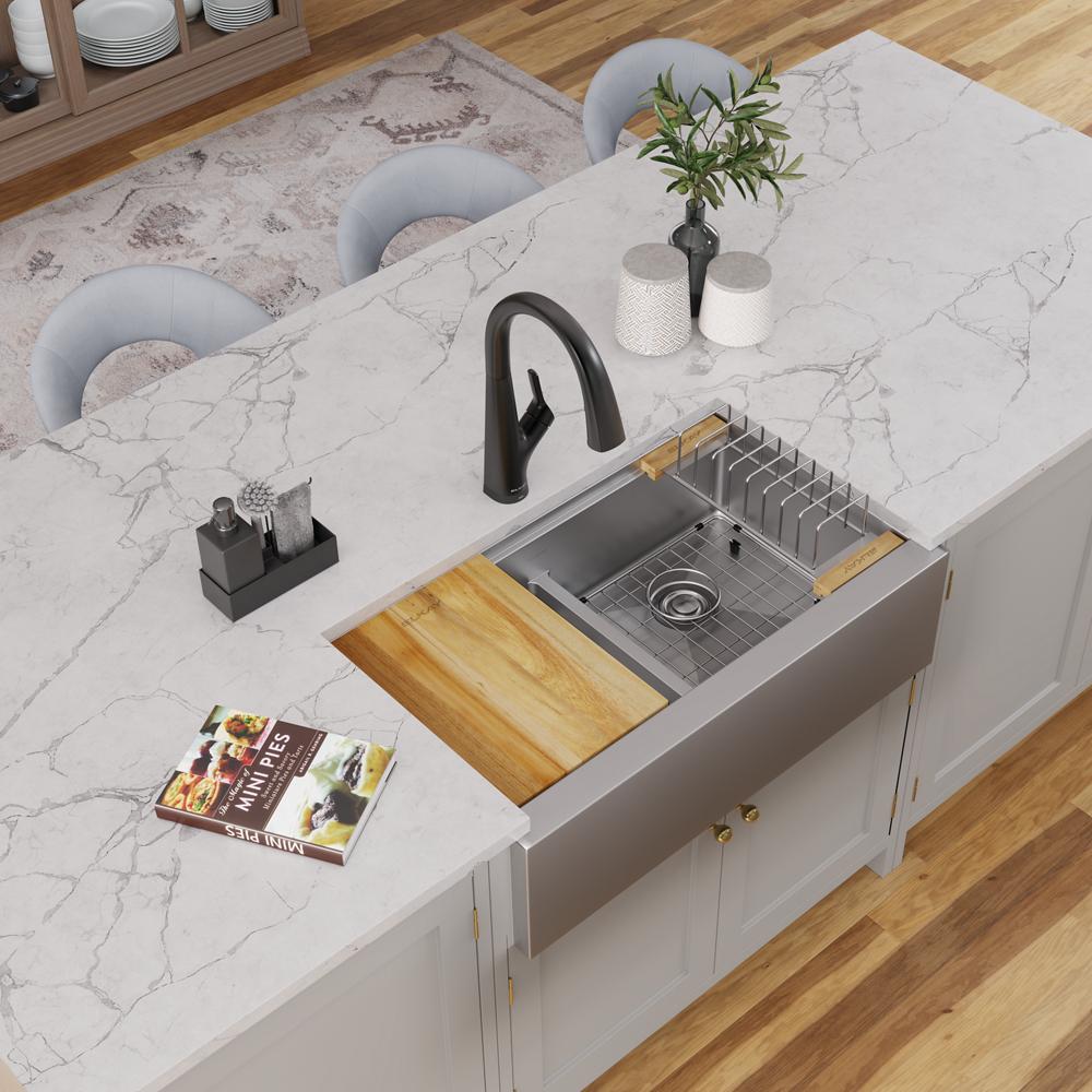 Elkay Crosstown 16 Gauge Workstation Stainless Steel 34-7/8" x 20-1/4" x 9-7/16" Equal Double Bowl Farmhouse Sink Kit with Aqua Divide EFRUFFA33179RW