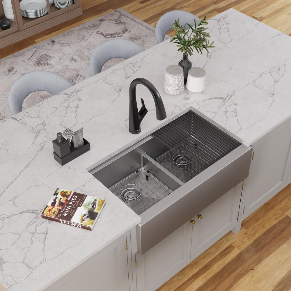 Elkay Crosstown 16 Gauge Workstation Stainless Steel 34-7/8" x 20-1/4" x 9-7/16" Equal Double Bowl Farmhouse Sink Kit with Aqua Divide EFRUFFA33179RW