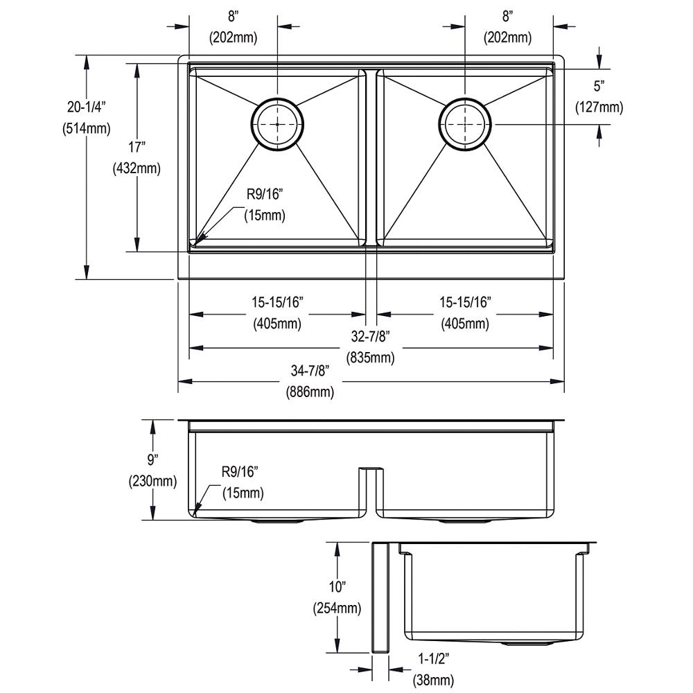 Elkay Crosstown 16 Gauge Workstation Stainless Steel 34-7/8" x 20-1/4" x 9-7/16" Equal Double Bowl Farmhouse Sink Kit with Aqua Divide EFRUFFA33179RW