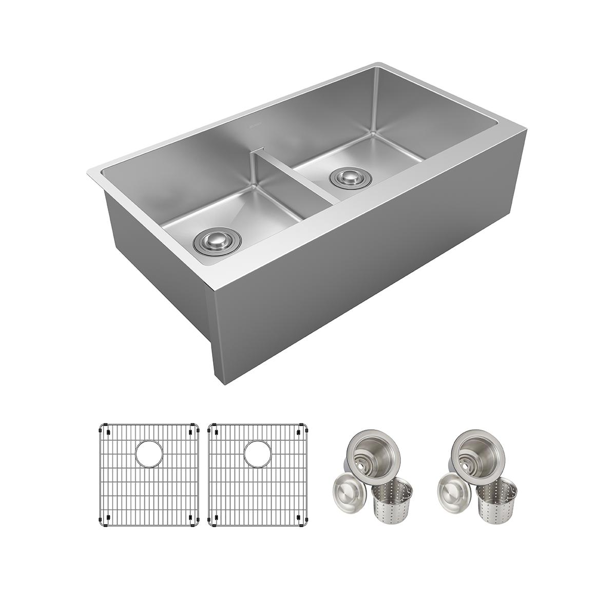 Elkay Crosstown 16 Gauge Stainless Steel 35-7/8" x 20-1/4" x 9" Equal Double Bowl Tall Farmhouse Sink Kit with Aqua Divide EFRUFFA3417DBG
