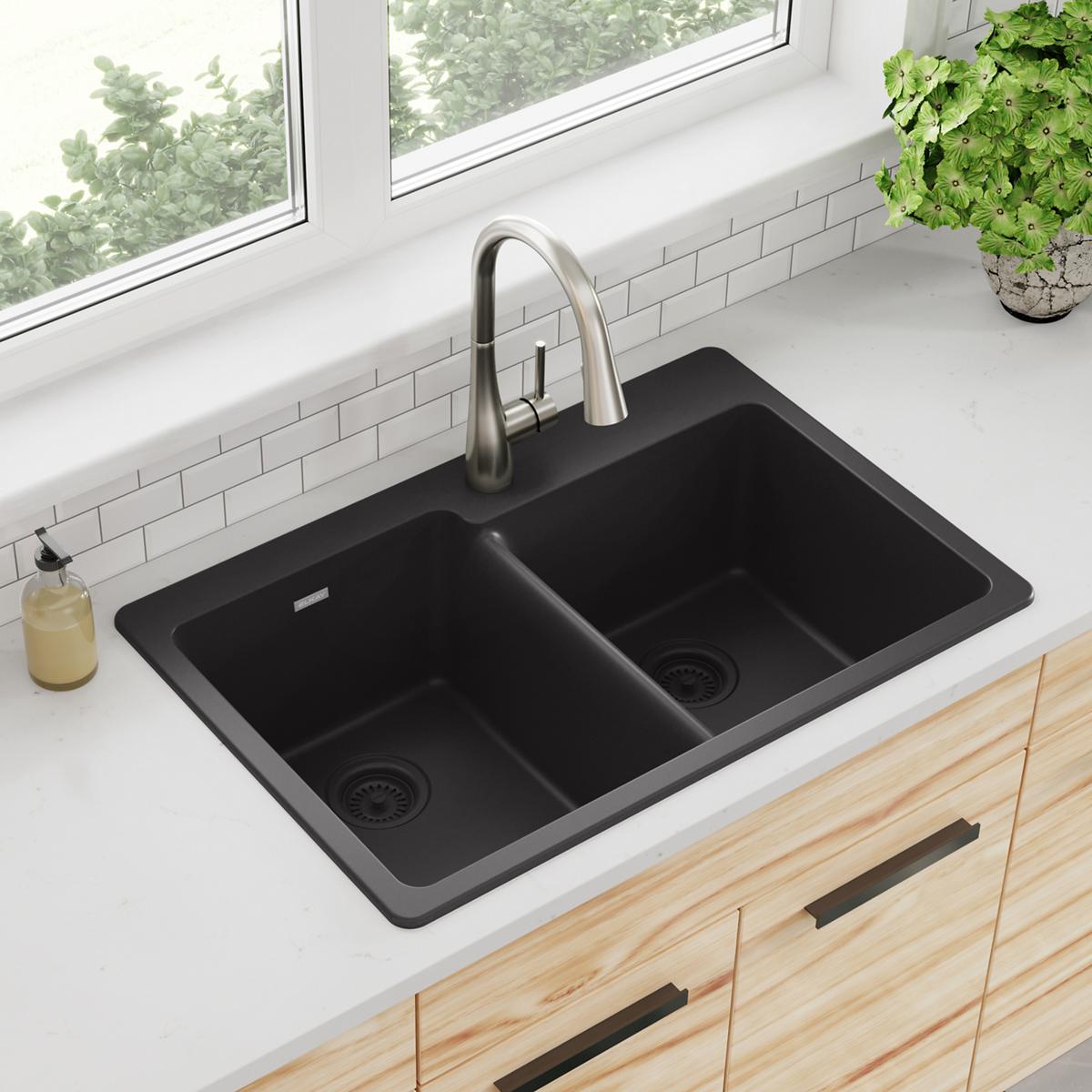 Elkay Quartz Classic 33" x 22" x 9-1/2", Offset Double Bowl Drop-in Sink, Black ELG250RBK0