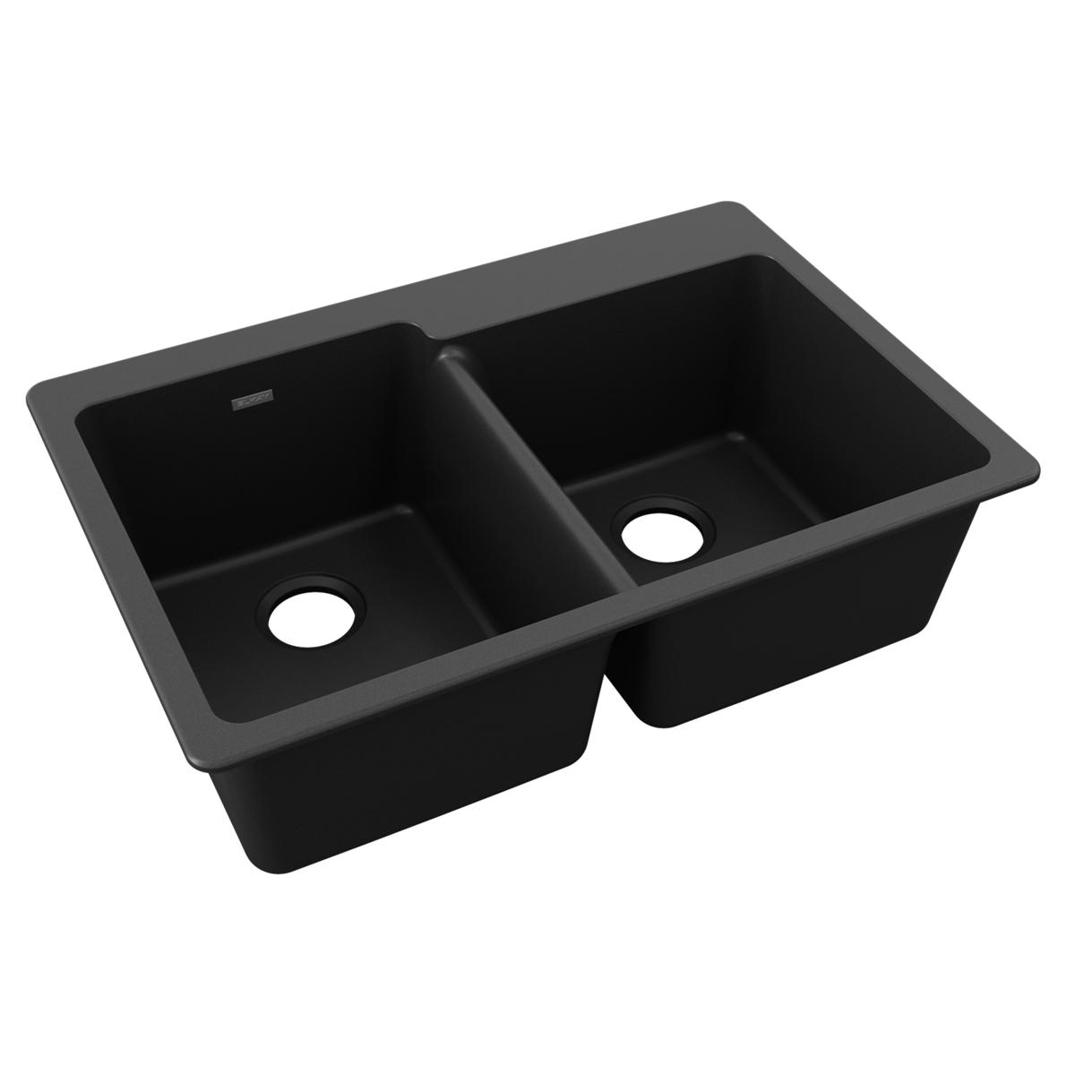 Elkay Quartz Classic 33" x 22" x 9-1/2", Offset Double Bowl Drop-in Sink, Black ELG250RBK0