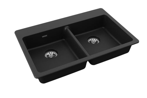 Elkay Quartz Classic 33" x 22" x 5-1/2" Double Bowl Drop-in ADA Sink with Perfect Drain Black ELGAD3322PDBK0