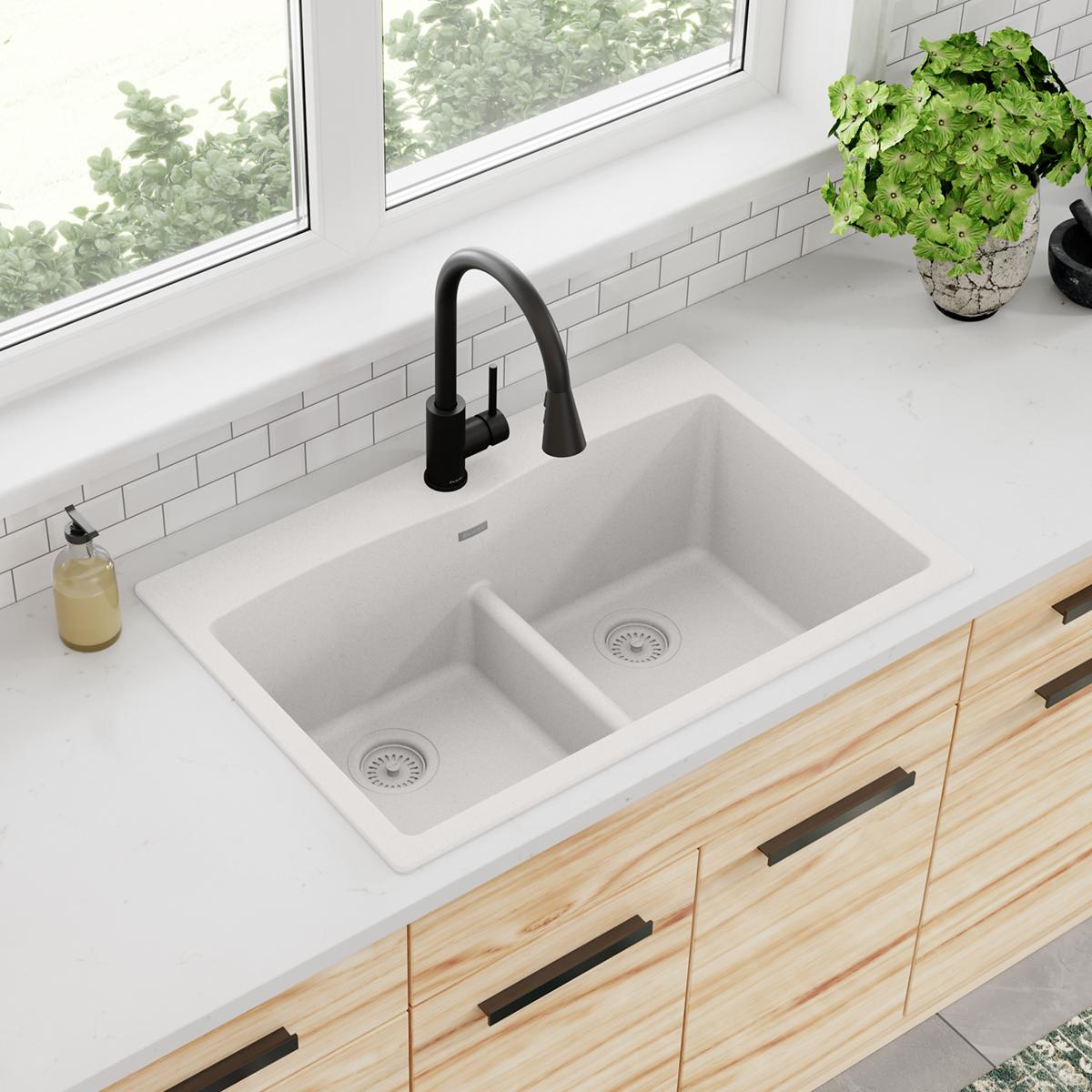 Elkay Quartz Classic 33" x 22" x 10", Equal Double Bowl Drop-in Sink with Aqua Divide, White ELGDLB3322WH0
