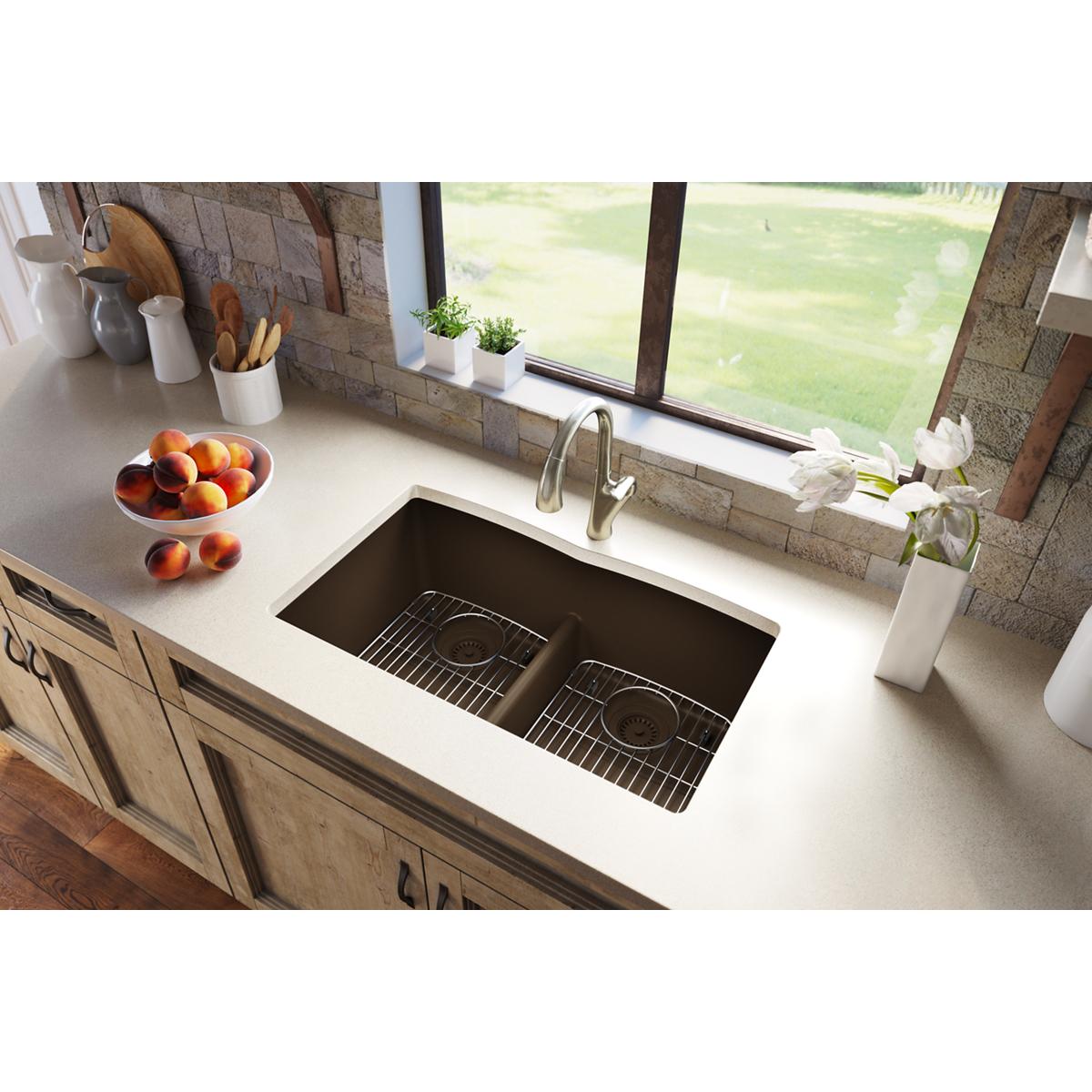 Elkay Quartz Classic 33" x 19" x 10", Equal Double Bowl Undermount Sink with Aqua Divide, Mocha ELGDULB3322MC0