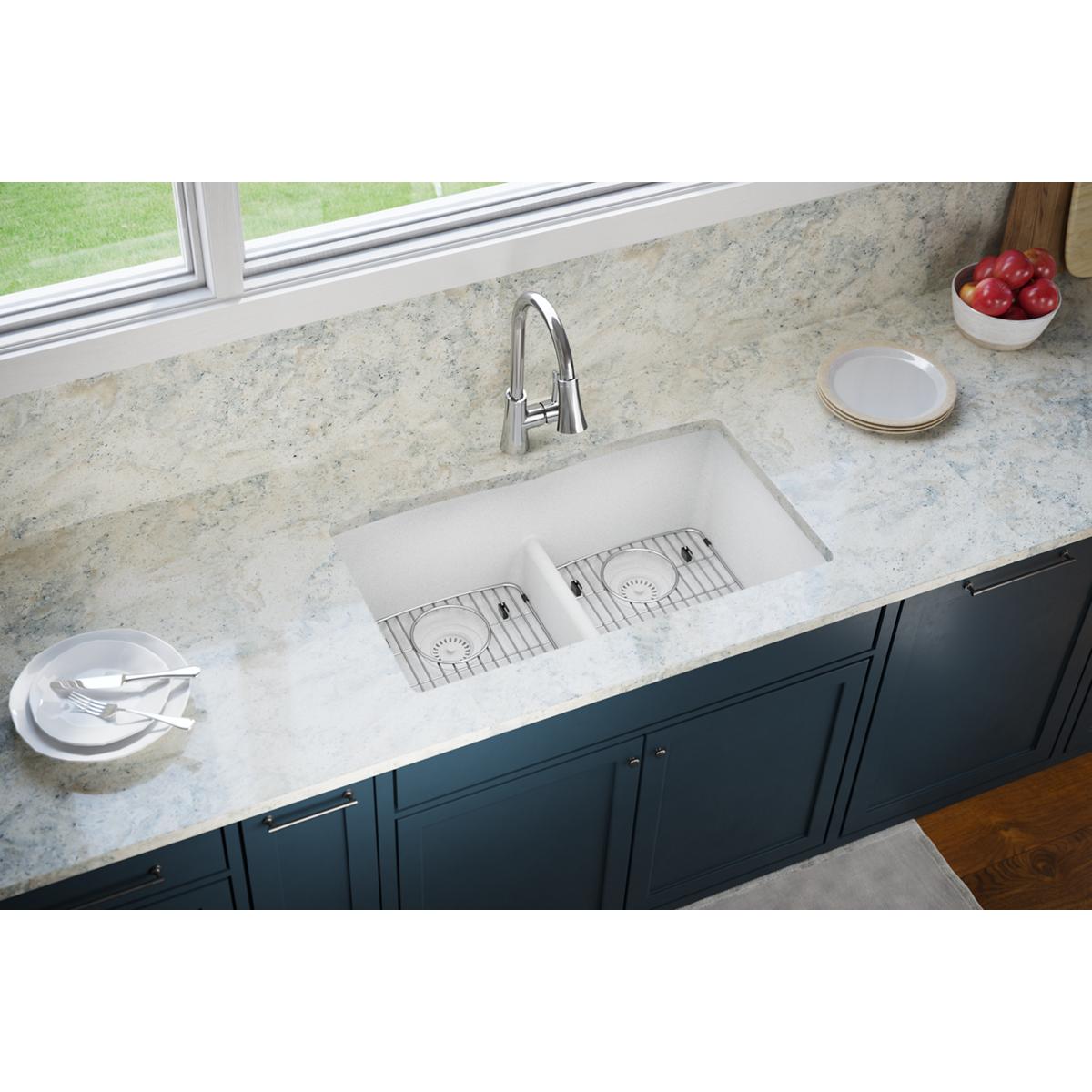 Elkay Quartz Classic 33" x 19" x 10", Equal Double Bowl Undermount Sink with Aqua Divide, White ELGDULB3322WH0