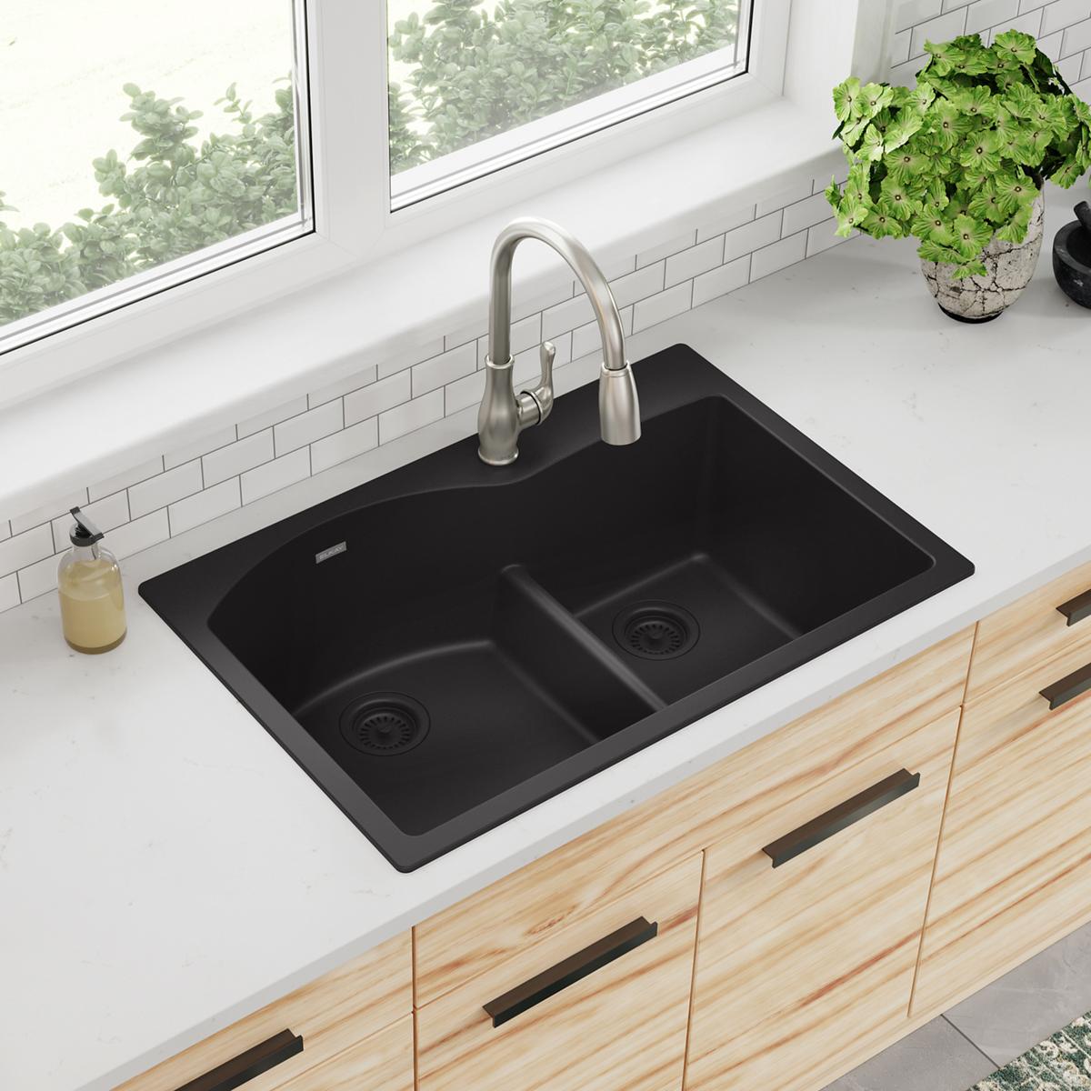 Elkay Quartz Classic 33" x 22" x 10", Offset 60/40 Double Bowl Drop-in Sink with Aqua Divide, Black ELGH3322RBK0