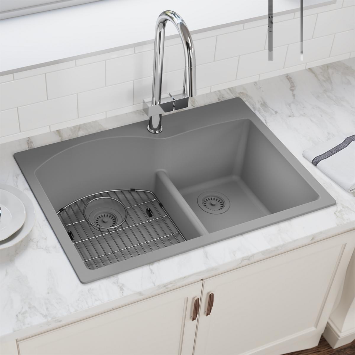 Elkay Quartz Classic 33" x 22" x 10", Offset 60/40 Double Bowl Drop-in Sink with Aqua Divide, Greystone ELGH3322RGS0