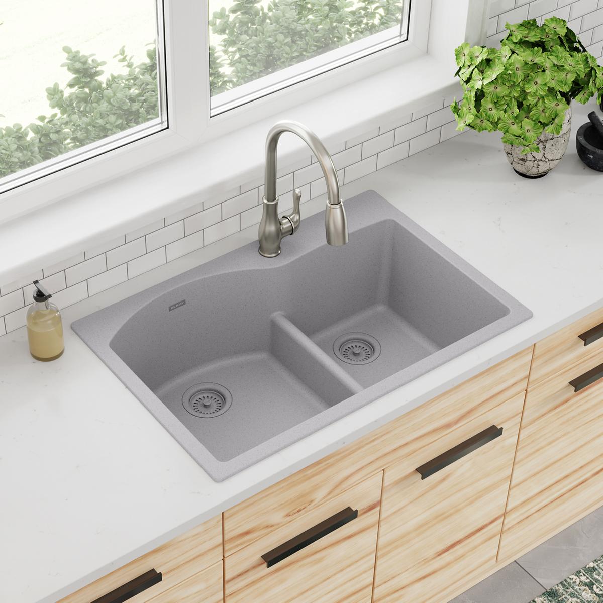 Elkay Quartz Classic 33" x 22" x 10", Offset 60/40 Double Bowl Drop-in Sink with Aqua Divide, Greystone ELGH3322RGS0
