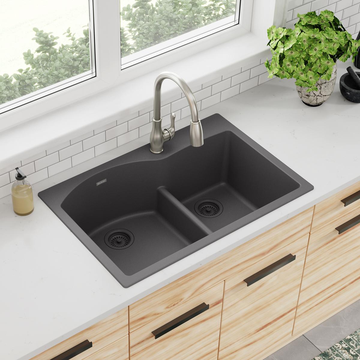 Elkay Quartz Classic 33" x 22" x 10", Offset 60/40 Double Bowl Drop-in Sink with Aqua Divide, Dusk Gray ELGH3322RGY0
