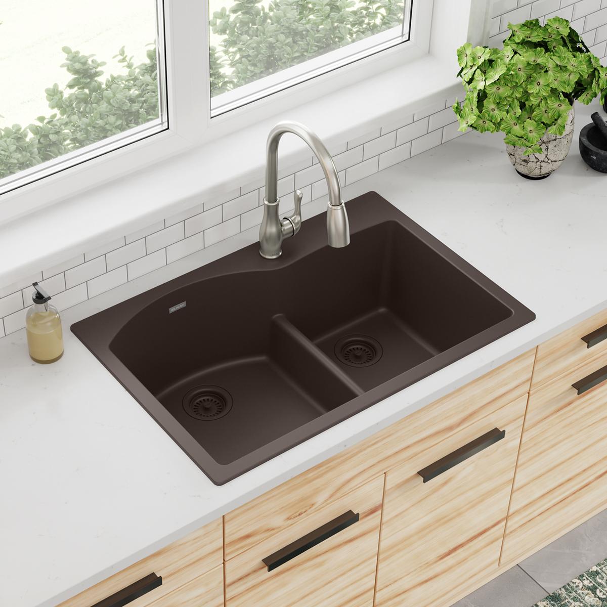 Elkay Quartz Classic 33" x 22" x 10", Offset 60/40 Double Bowl Drop-in Sink with Aqua Divide, Mocha ELGH3322RMC0