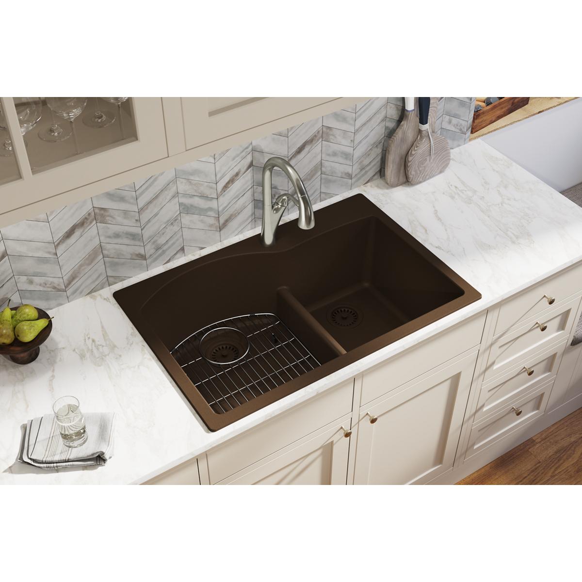 Elkay Quartz Classic 33" x 22" x 10", Offset 60/40 Double Bowl Drop-in Sink with Aqua Divide, Mocha ELGH3322RMC0